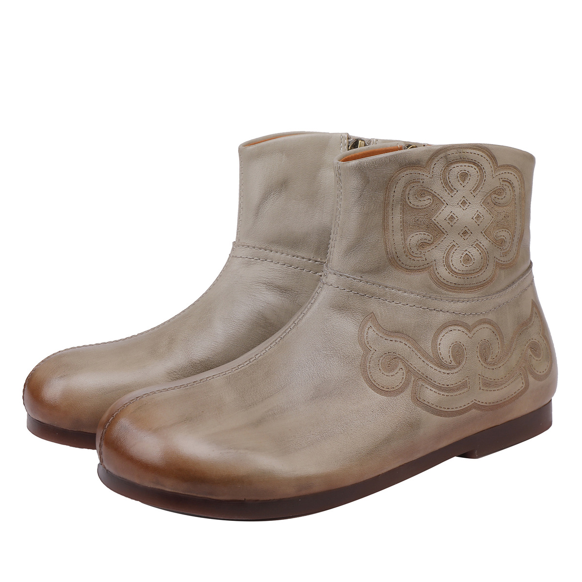 Boot nữ cổ thấp da bò thật đế bằng mềm êm chân — đen, xám