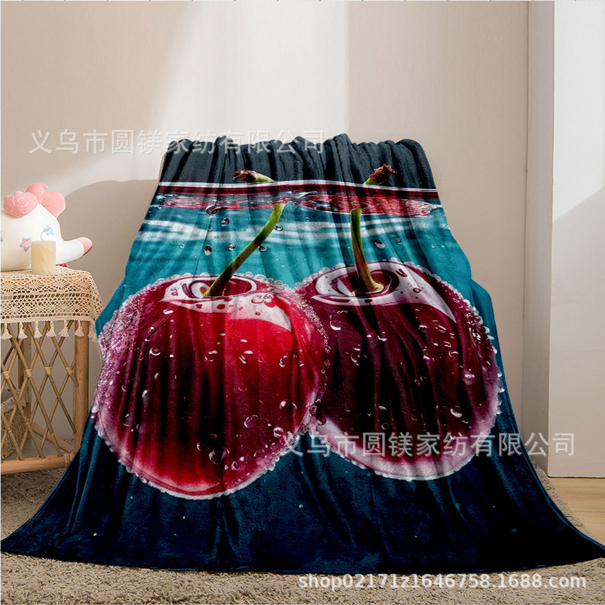 Cherry Print Four Seasons Casual Flannel Blanket, Office Lunch Break Blanket Air Conditioning Blanket Support