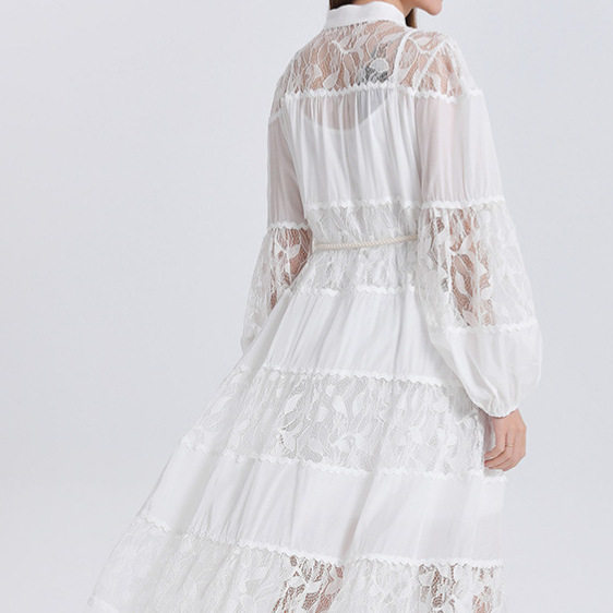 French Court Style Dress Fashionable Hollow Lace Waist Defined Lantern Sleeves Button Closure Flared Long Skirt