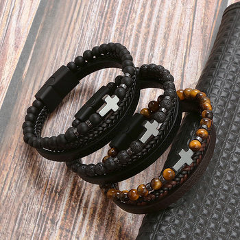European and American Creative Natural Stone Stainless Steel Bracelet Obsidian Volcanic Stone Element Simple Cross Multi-Layer Bracelet