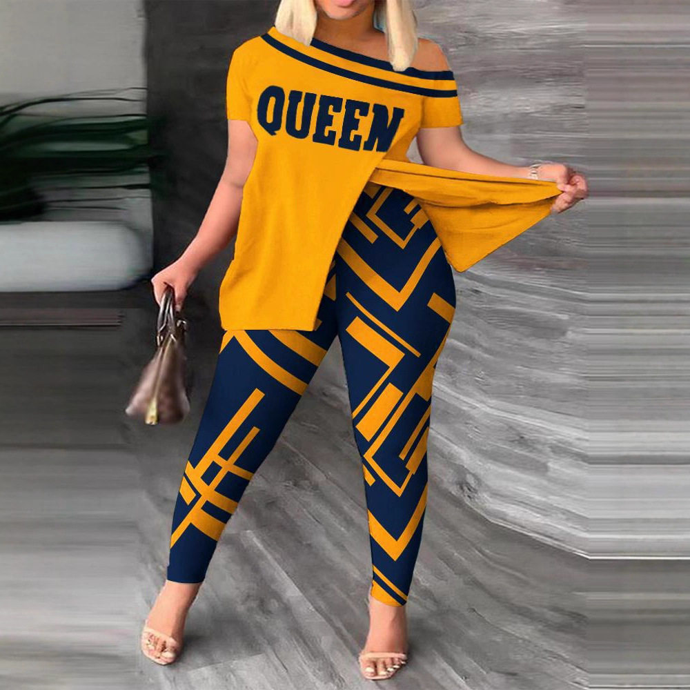 2024秋季欧美跨境女装亚马逊速卖通斜领长裤两件套时尚印花套装女