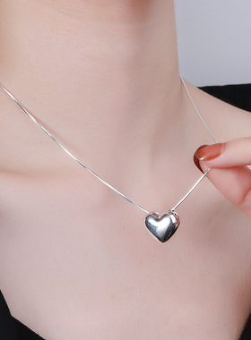 S925纯银韩版简约立体爱心怦怦风电镀光面立体项链女