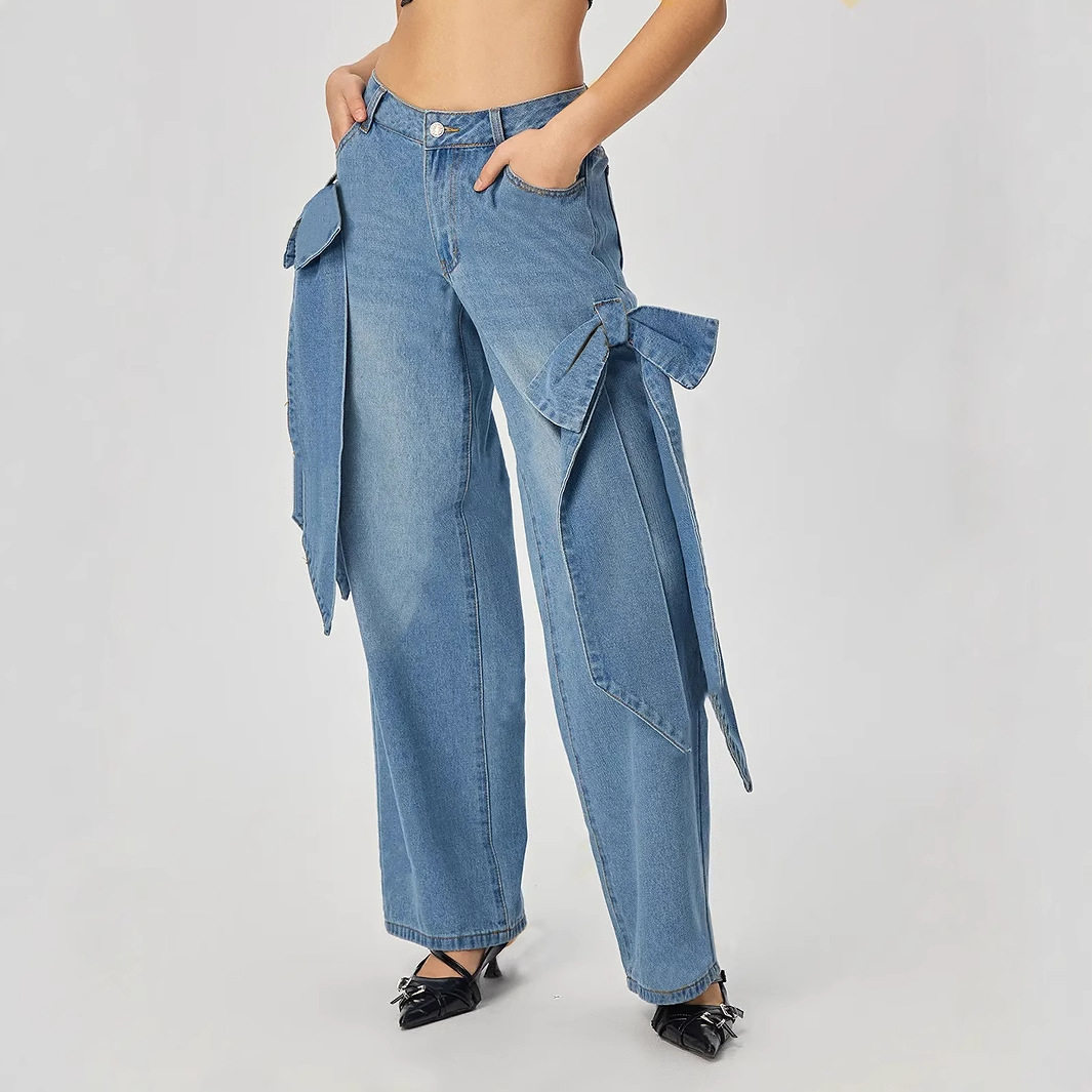 Wide Leg Denim Pants with Bow Detail Street Style Casual Wear Available for Wholesale custom packaging