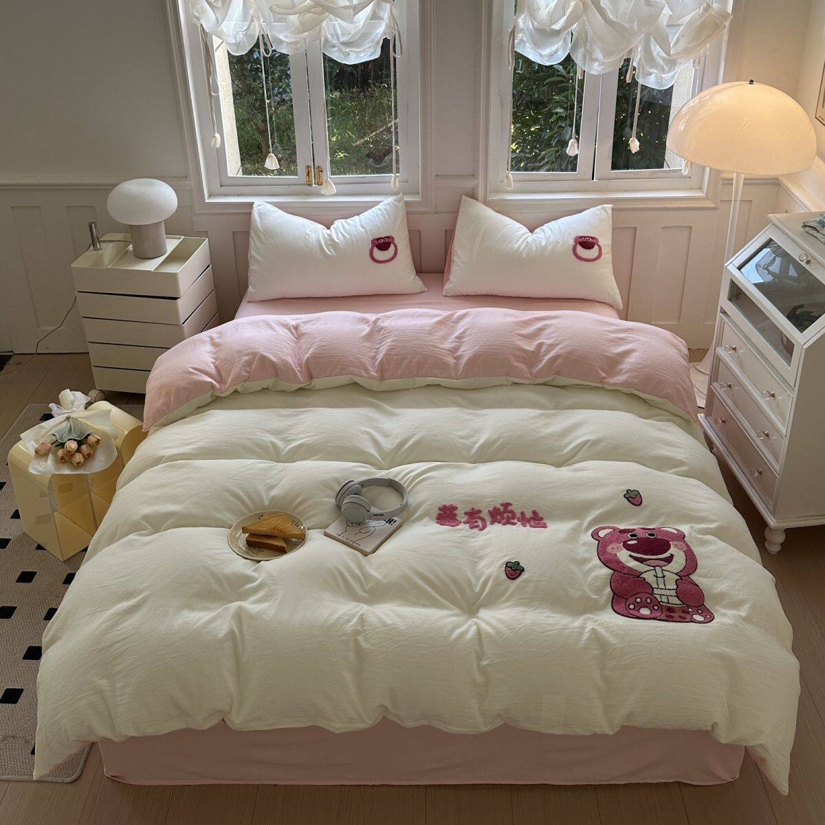 New Cute Towel Embroidered Four-Piece Set Washed Cotton Quilt Cover Girl Student Dormitory Bed Three-Piece Set Factory Direct Sale