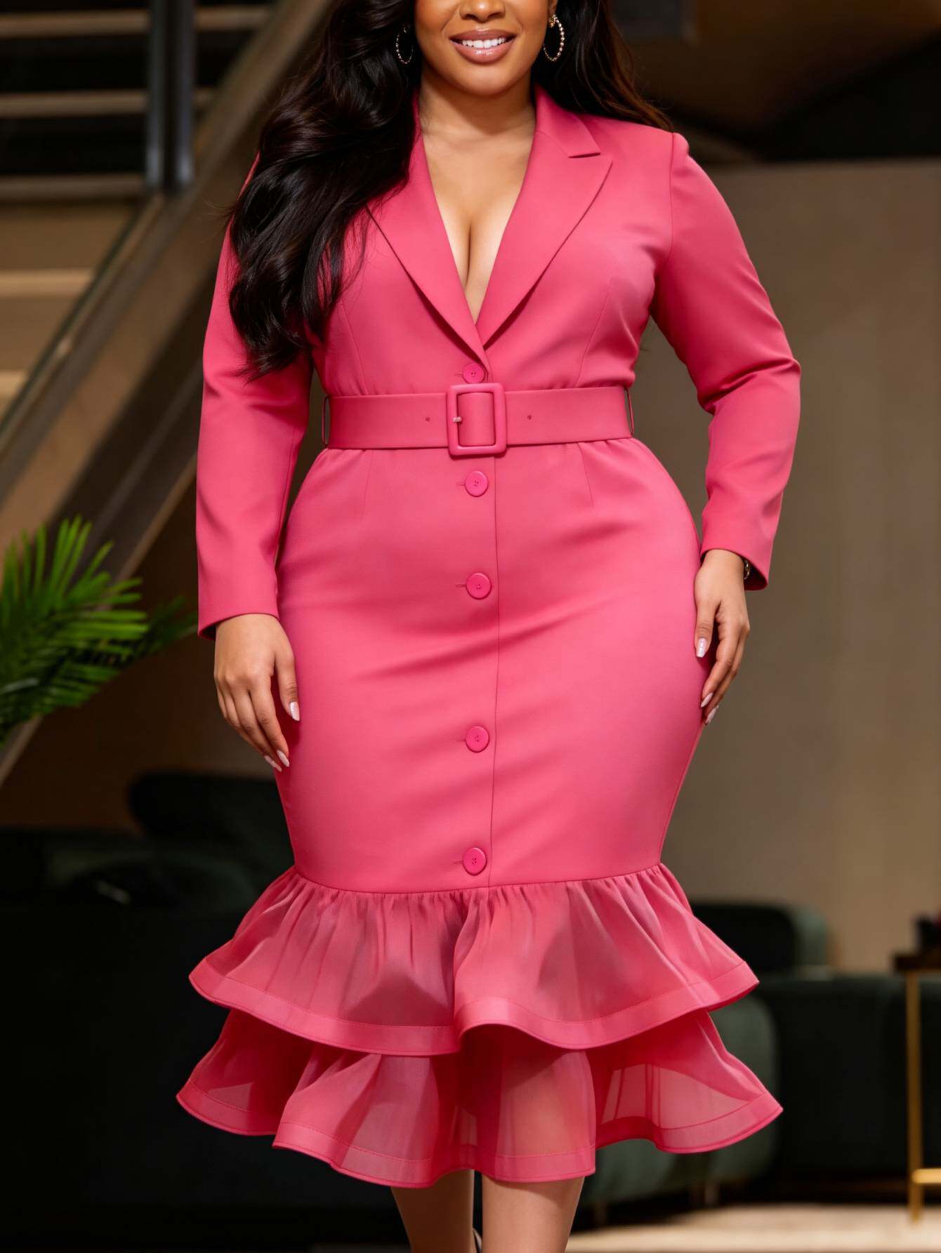 women's rose red suit collar dress Waist belt buttoned ruffle fishtail hip midi skirt