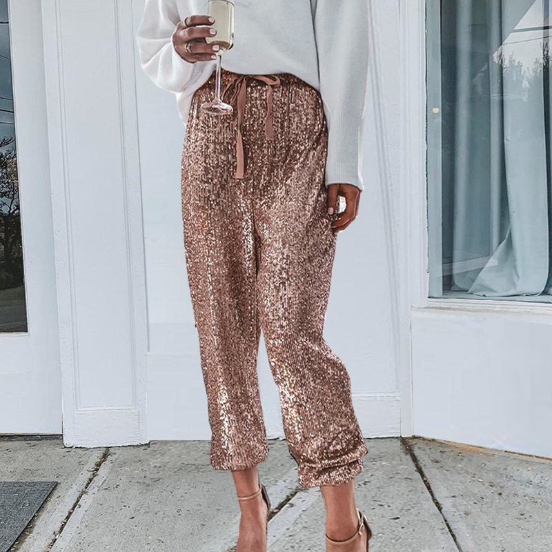 High Waisted Ruffle Hem Casual Pants Fashionable Solid Color Sequin Detail Comfortable Fit Perfect for Everyday Wear
