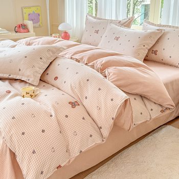New Style Fitted Sheet Four-Piece Set, Fresh and Thickened Brushed Bed Sheet Duvet Cover Dormitory Cartoon Three-Piece Set Gift Wholesale