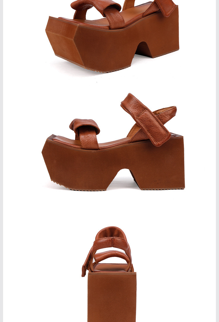 Sandal nữ quai ngang bản rộng đế dày tôn dáng, da bò thật cao cấp — màu đen, Màu nâu, Xanh rêu đậm