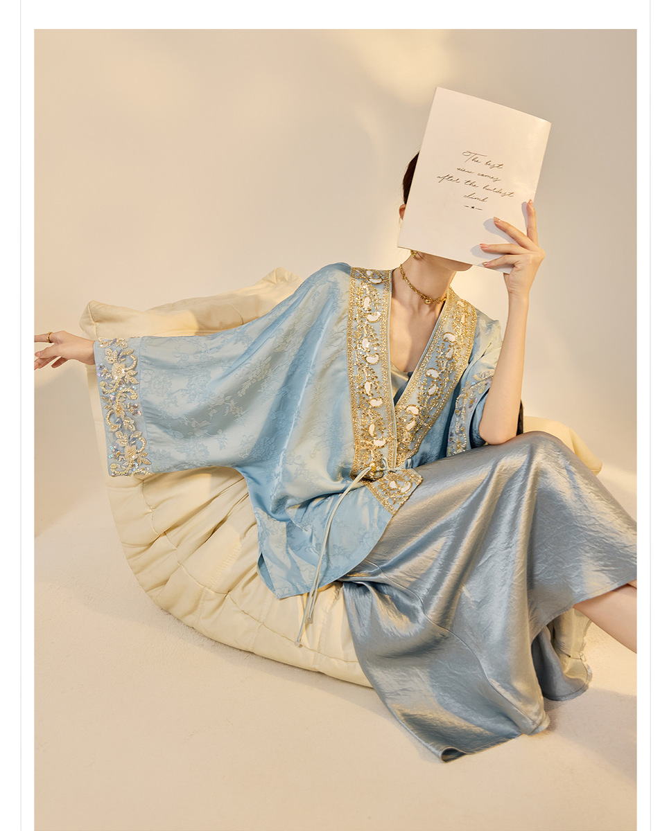 Áo khoác nữ thêu đính cườm dáng rộng cổ chữ V phong cách cổ điển — Jiyue Blue (Giao hàng trong ngày), Xanh Jiyue (giao hàng trong 7 ngày)