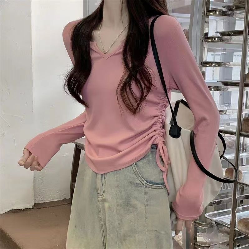 Womens Long Sleeve T Shirt V Neck Drawstring Versatile Chic Design Casual Layering Top for Spring and Autumn
