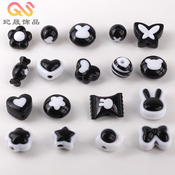 Black and White Series Bowknot Heart Five-Pointed Star Perforated Beads DIY Hair Rope Bracelet Mobile Phone Chain Jewelry Accessories Handmade