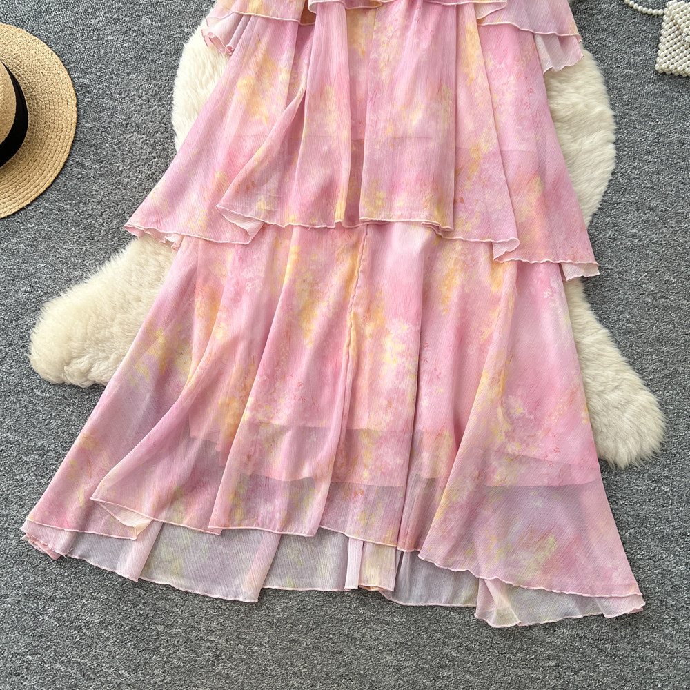 French Vacation Style Pink Ruffle Hem A Line Dress Sleeveless Off Shoulder Elegant Design Perfect for Summer Events