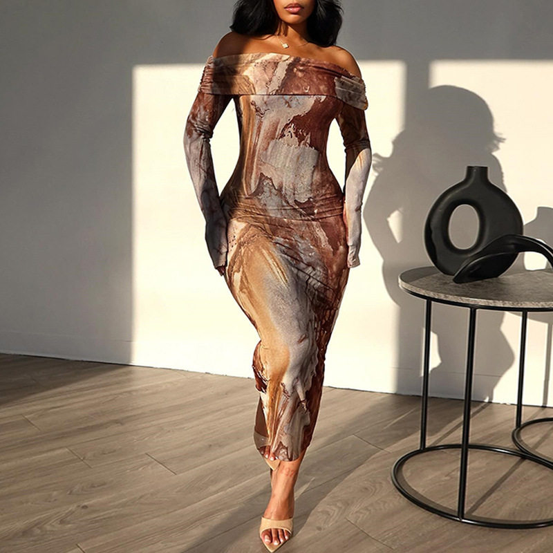 Vintage Floral Print Off Shoulder Long Sleeve Bodycon Dress Double Layer Collar Sexy Fit Perfect for Parties and Events