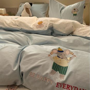 Blue Elephant Cotton Four-Piece Cartoon Animation Embroidered Pure Cotton Breathable Skin Friendly Quilt Cover Bedding Three-Piece Set