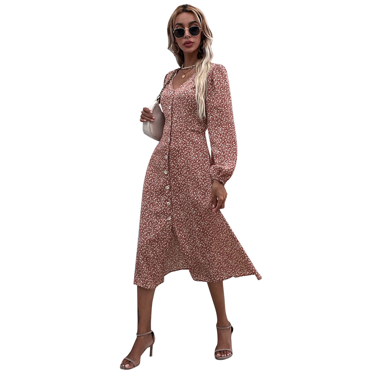Floral V Neck Long Sleeve Dress Slim Fit Mid Length Elegant Style Perfect for Spring and Summer Events Wholesale