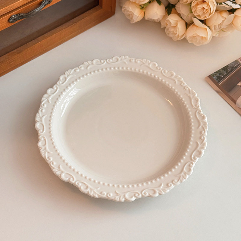 French High-End Ceramic Embossed Dinner Plate Ins Retro High-Value Plate Cute Cream Style Dessert Dinner Plate