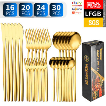 Portuguese stainless steel tableware knife, fork and spoon 16/20/24/30 piece set golden western tableware steak knife and fork suit