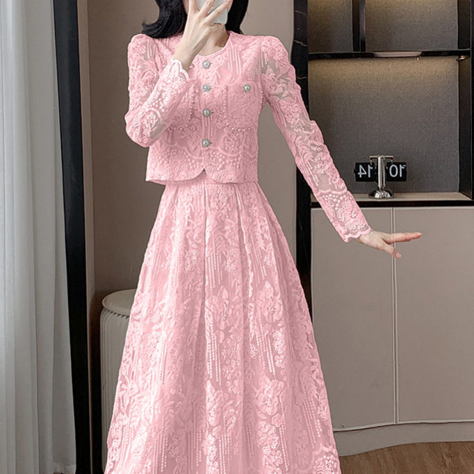 Chic French Style Embroidered Sheer Blouse with Round Neck High Waist Slimming Midi Skirt Set Elegant Casual Wear