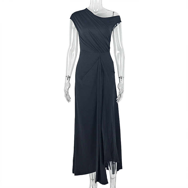 A Line Dress Solid Color Ruffled Design Asymmetrical Neckline Casual Style Perfect for Outings Wholesale Available