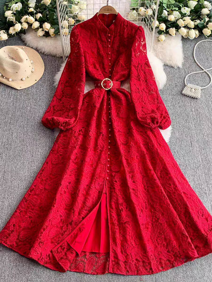 Elegant Womens Dress French Style Lace Slim Fit Button Closure Floral Embroidery Perfect for Formal Occasions