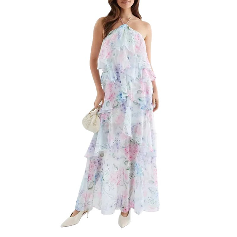 Womens Summer Maxi Dress Elegant Casual Loose Fit Floral Print Backless Perfect for Beach or Garden Parties