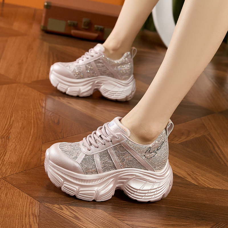 Giày sneaker nữ chunky đế dày rhinestone phong cách đế xuồng, gót siêu cao 8cm, form mũi tròn, cổ thấp, dây buộc — Hồng, Bạc, Trắng