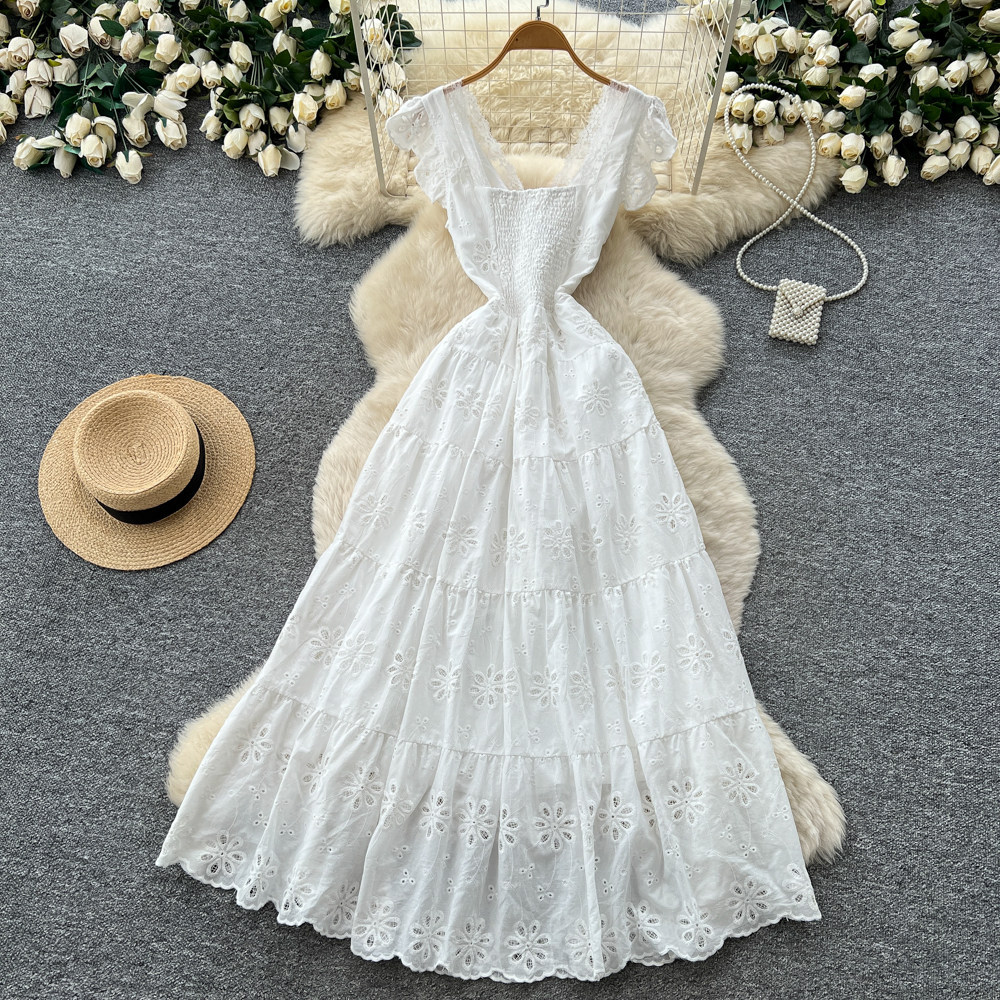 French Vacation Style V Neck White Hollow Lace Trim Maxi Dress for Women High Waist Slim Fit Elegant Summer Wear