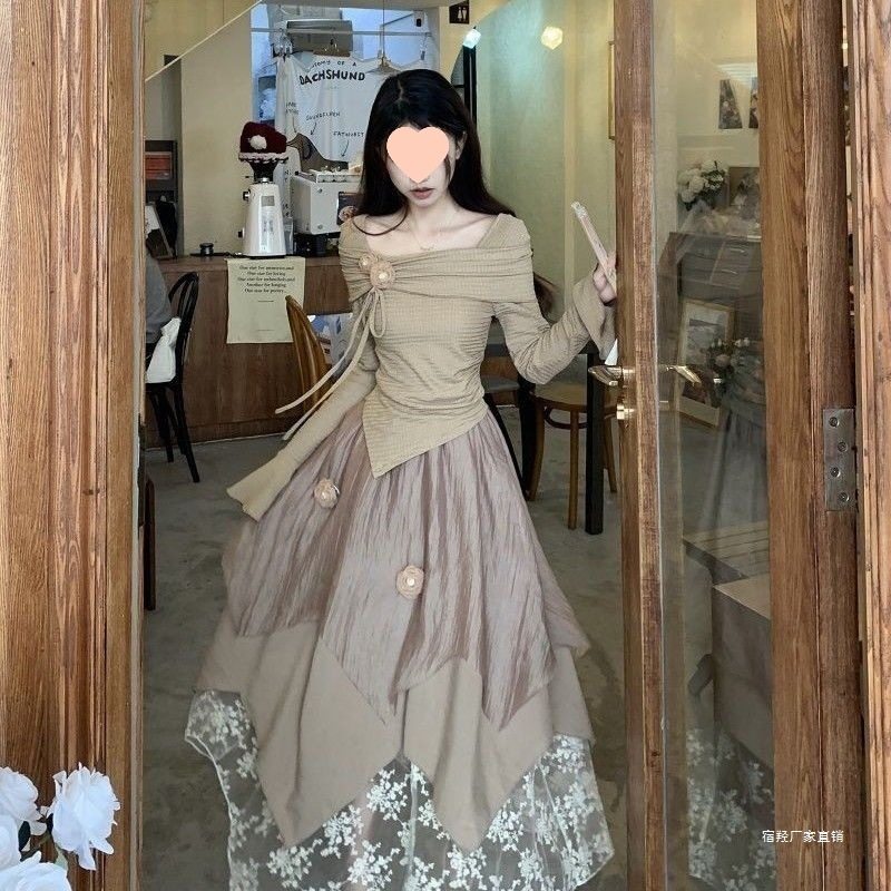 Trendy Two-Piece Set for Women: Autumn Design with a Slim-Fit Off-Shoulder Top and Irregular Skirt with an Atmospheric Feel