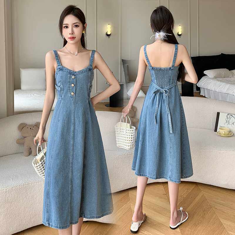 实拍2024年春秋夏季四季打底裙 牛仔背带裙中长款连衣裙女
