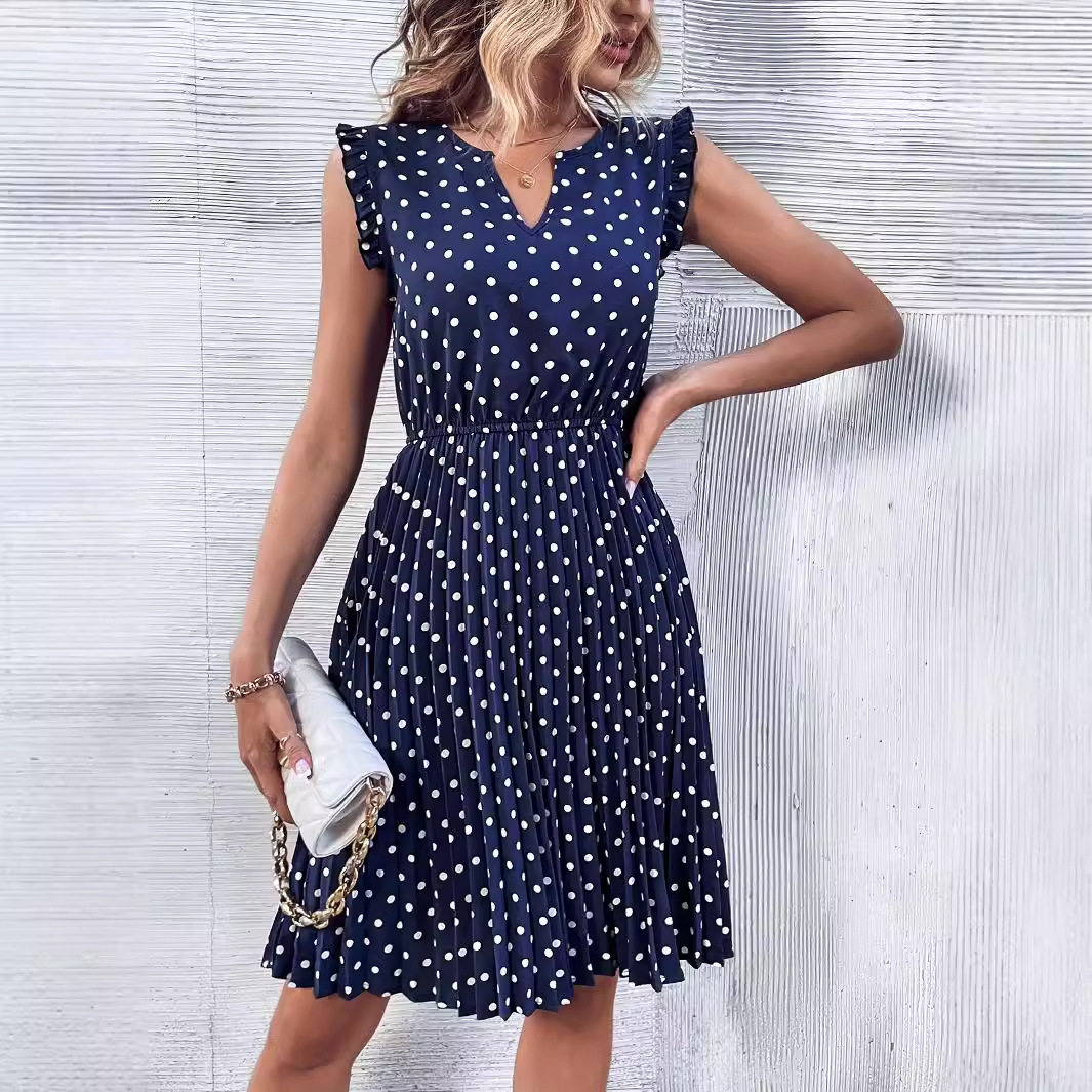 Polka Dot Ruffled Dress V Neck Short Sleeve Lightweight Fabric Casual Summer Wear Wholesale Available