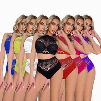 European and American Sexy Sleeveless Hollow-out Lingerie Black Silk Bikini Upper and Lower Two-piece Mesh Perspective Jacquard suit