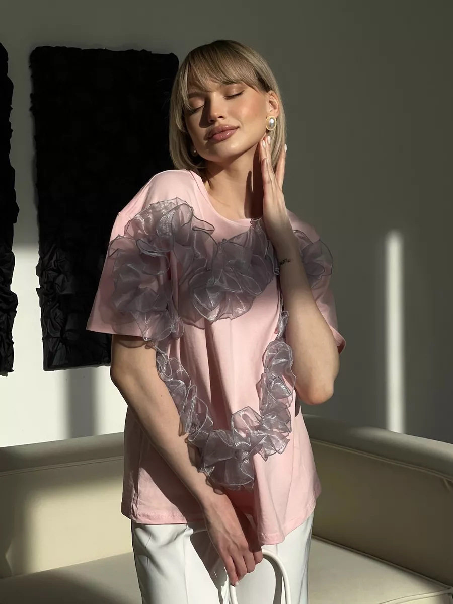 Womens Ruffled Heart Design T Shirt Soft Cotton Loose Fit Round Neck Stylish Layered Look Casual Wear Wholesale