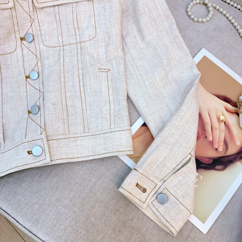 Áo khoác denim nữ dáng ngắn chất liệu vải lanh phong cách thanh lịch — Màu be nhạt
