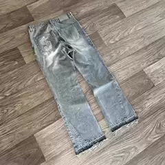 Cross-Border Aliexpress American High Street Washed Retro Jeans with Distressed Letter Embroidery for Men and Women Wide-Leg Raw Edge Pants