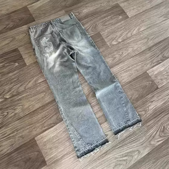 Cross-Border Aliexpress American High Street Washed Retro Jeans with Distressed Letter Embroidery for Men and Women Wide-Leg Raw Edge Pants