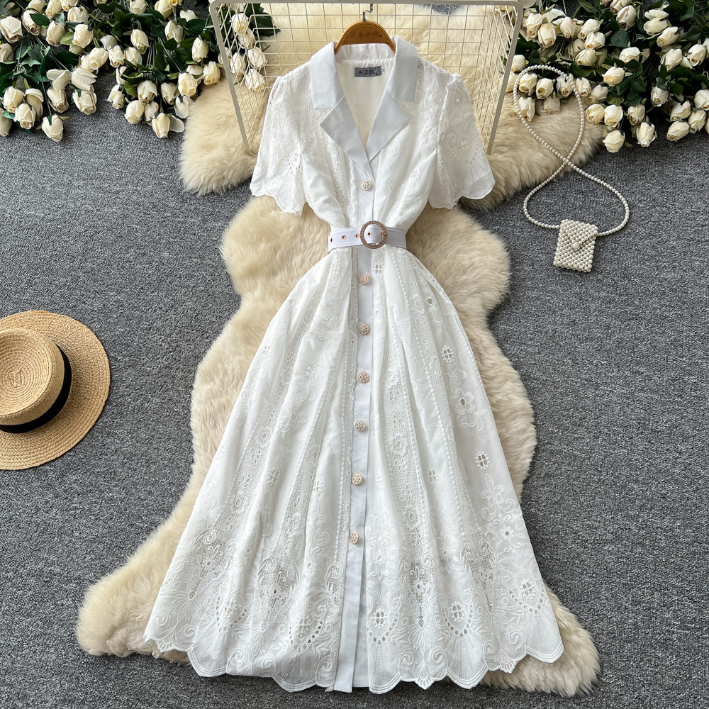 French Romantic Lace Hollow Out Dress Short Sleeve Slim Fit A Line Summer Office Wear Wholesale Available