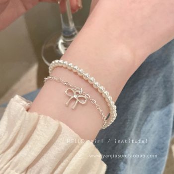 Gentle French Bow Pearl Bracelet Women's Light Luxury Niche Exquisite Double-Layer Bracelet High-End Stacking Bracelet