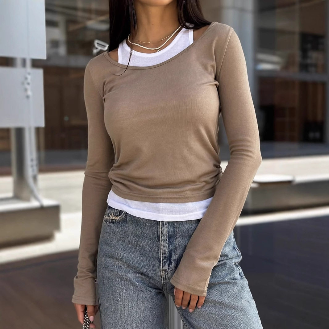 Retro Color Block Long Sleeve T Shirt for Women Slim Fit Modal Fabric Layered Design Spring and Autumn Wear