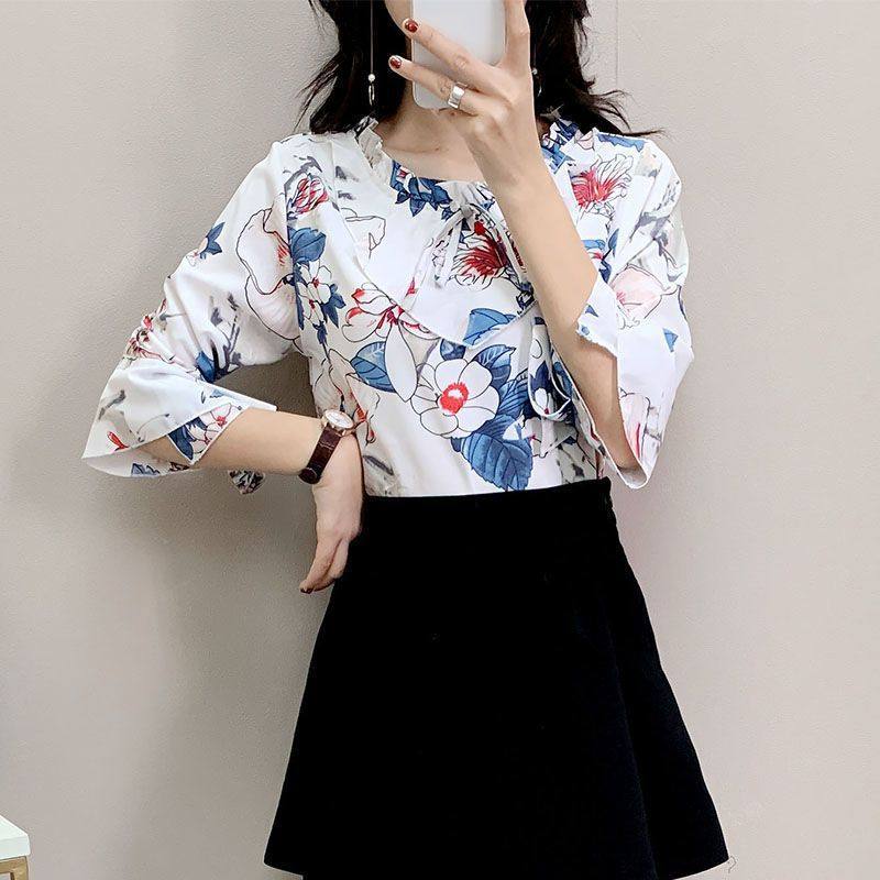2021新款碎花雪纺衬衫女喇叭袖衬衣显瘦上衣女士洋气小衫女式百搭