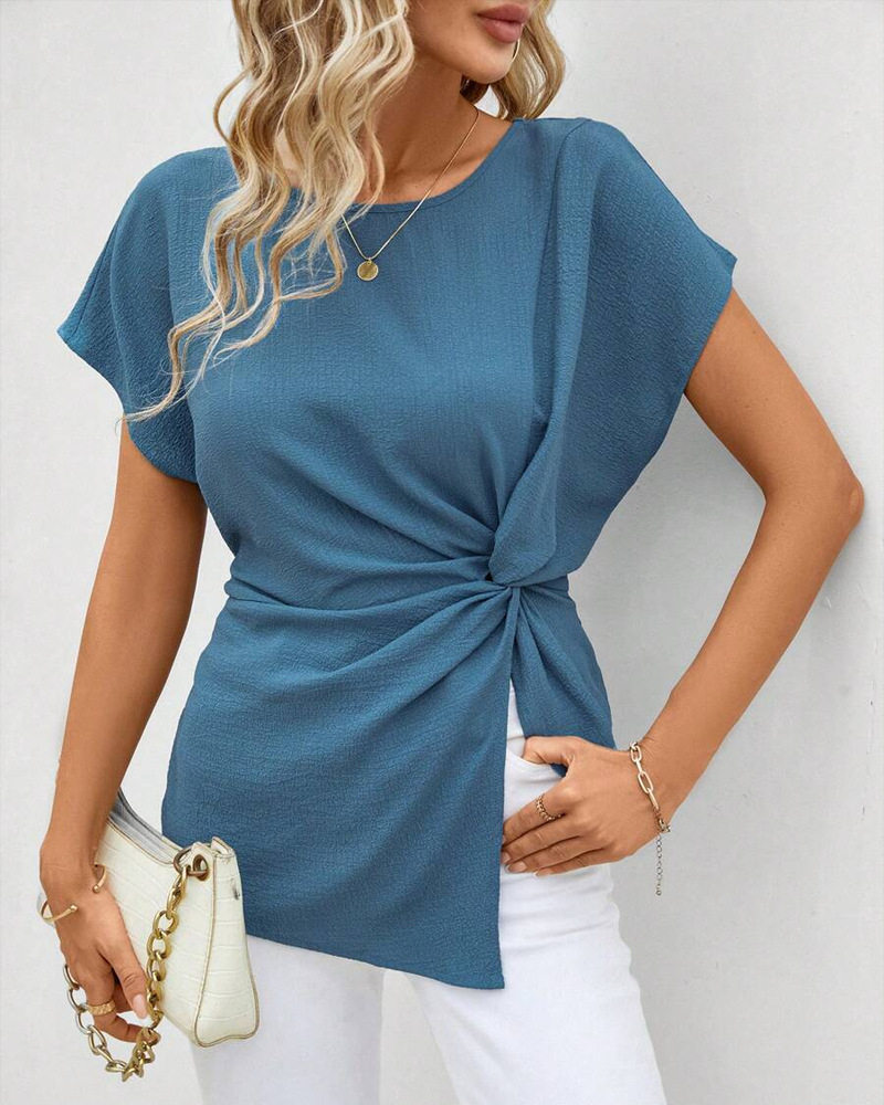 Asymmetrical Short Sleeve T Shirt Solid Color Round Neck Textured Fabric Casual Elegance for Everyday Wear
