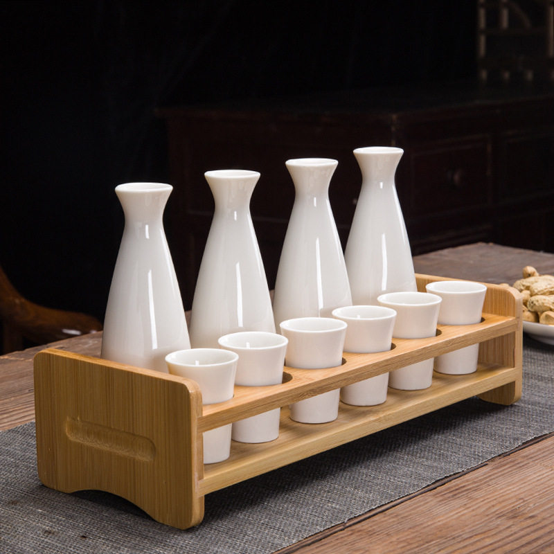 Ceramic small wine pot wine glass household vintage wine separator old-fashioned two-clear wine set with bamboo cup holder storage suit