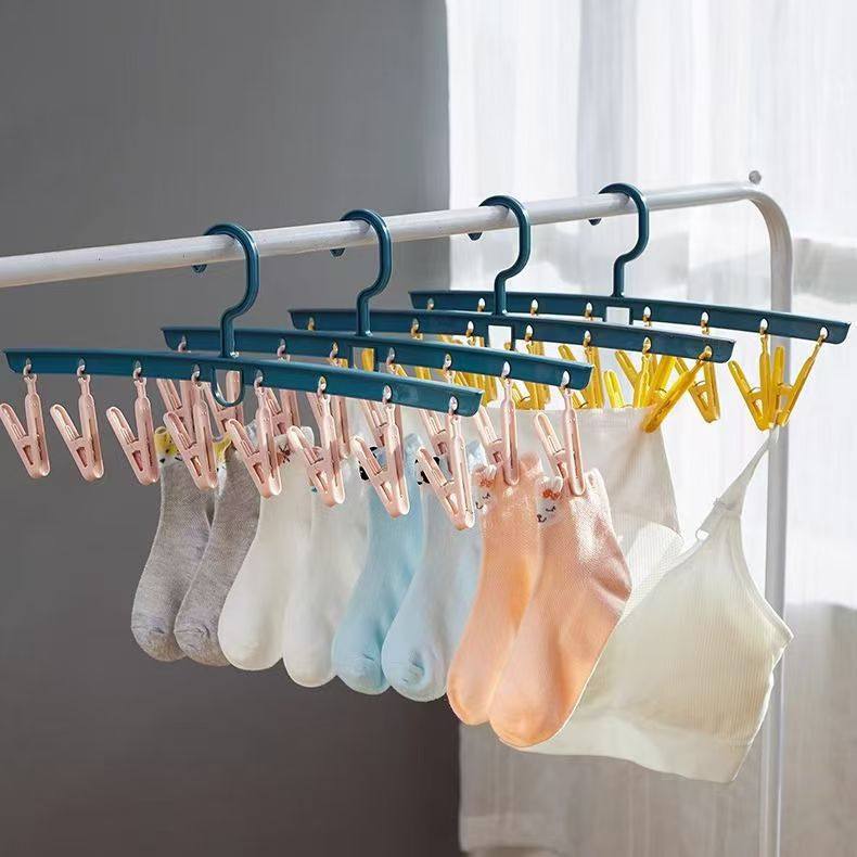 Multifunctional 8-Clip Clothes Hanger for Underwear and Socks, Plastic Straight Rod with Multiple Heads, Two-Color Windproof Clips, Children's Clothes Drying Rack