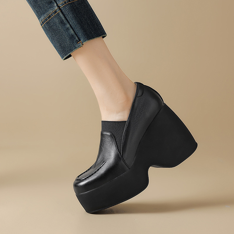 Giày cao gót nữ đế xuồng platform da bò mũi tròn gót 9cm — Màu đen