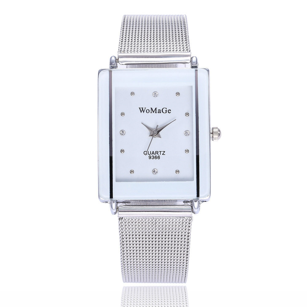 womage mesh strap couple watch fashionable simple style rectangular dial silver mesh bag men's and women's watch