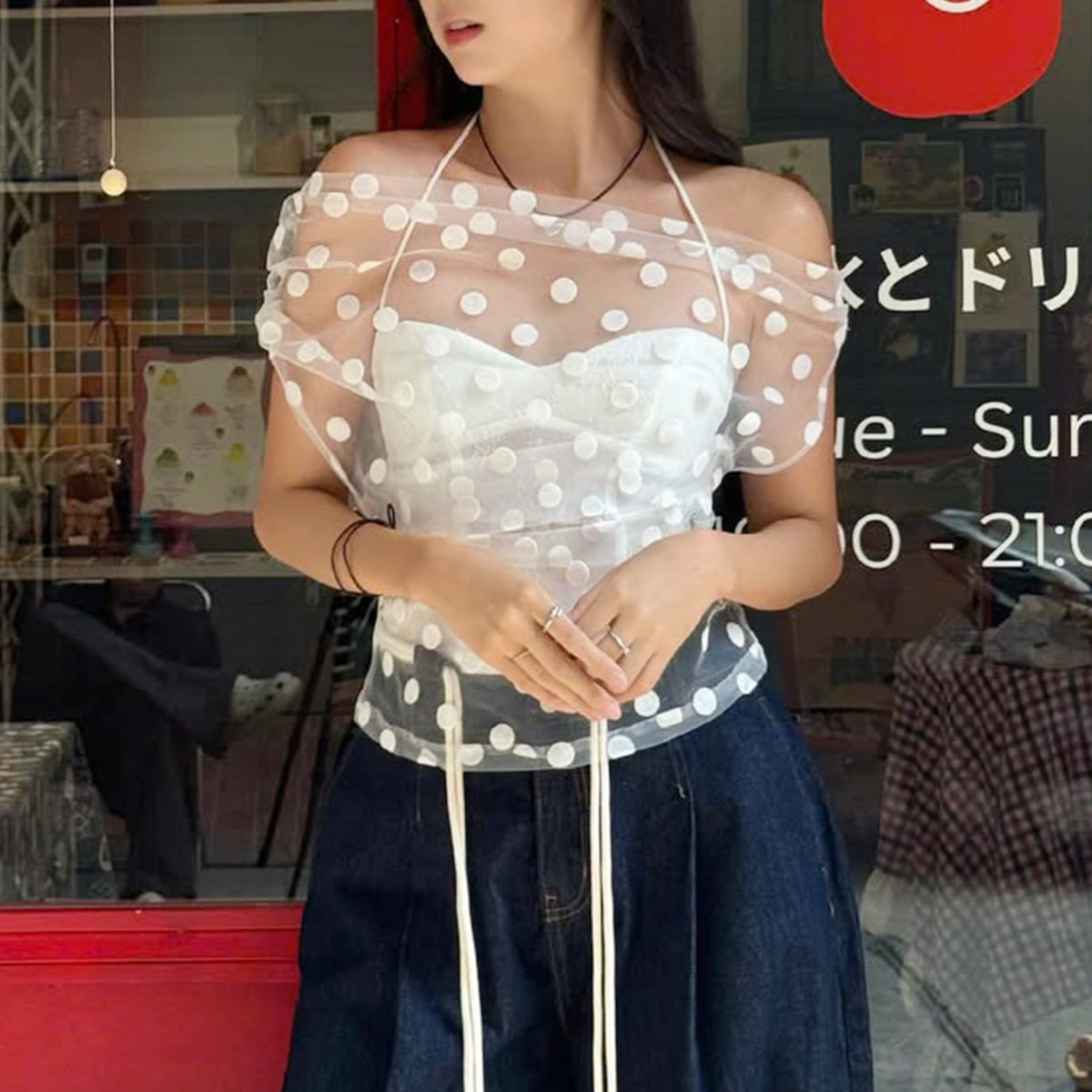 Spring Womens Fashion Sexy Off Shoulder Sheer Mesh Top Halter Neck Tank Set Casual Chic Style Wholesale Available