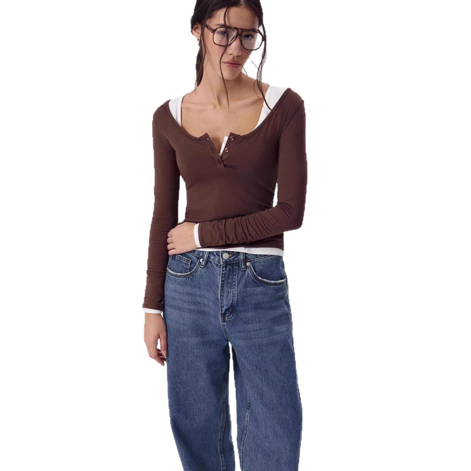 Modal Knit Long Sleeve Womens T Shirt Slim Fit U Neck Button Detail Casual Wear Spring Fall Wholesale Available