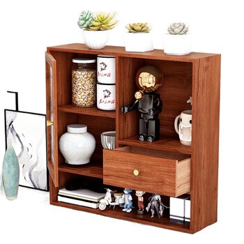 Desktop Storage Rack wall-mounted storage box door drawer solid wood Plaid tea set Changhong glass storage cabinet