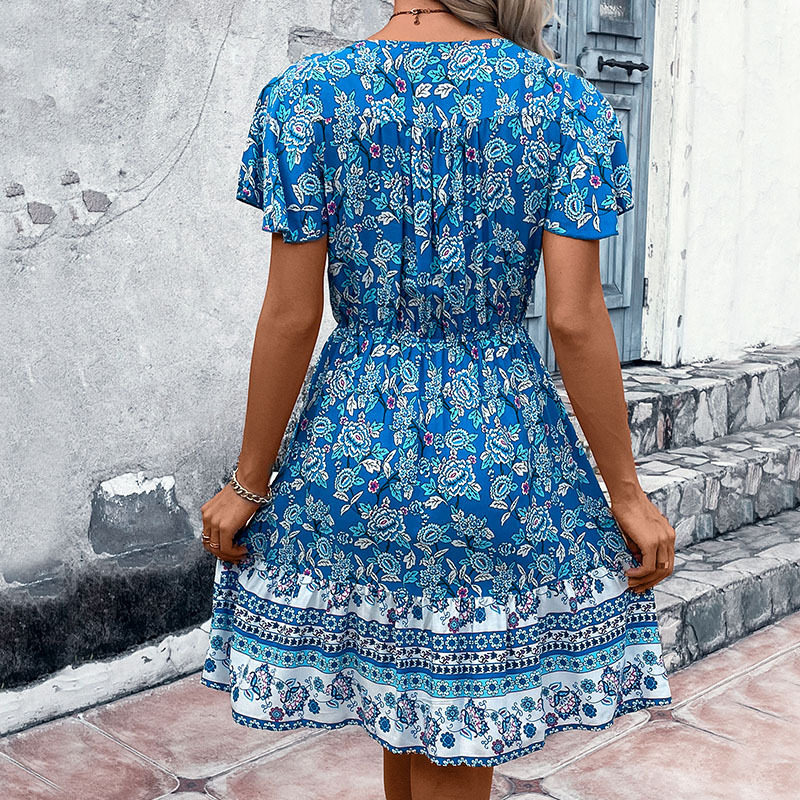 Summer Womens Dress V Neck Floral Print Bohemian Style Perfect for Casual Outings Wholesale Available