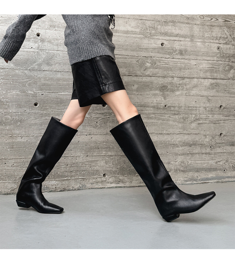 Boot cao cổ nữ da bò mũi vuông gót thấp phong cách thanh lịch — màu đen, Màu đỏ rượu