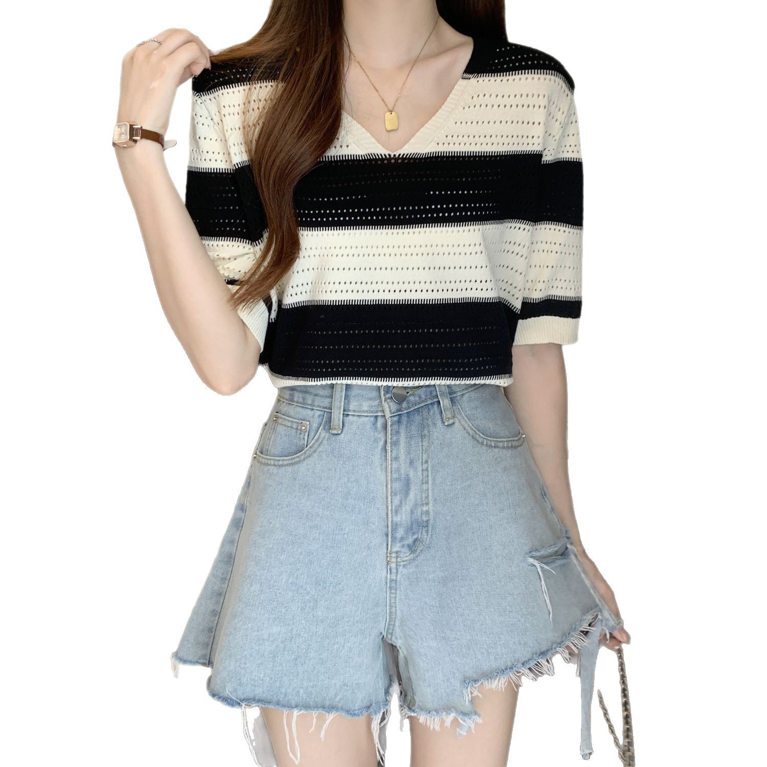 Lace Stripe V Neck T Shirt Ice Silk Short Sleeve Loose Fit Lightweight Summer Casual Wear Wholesale Available